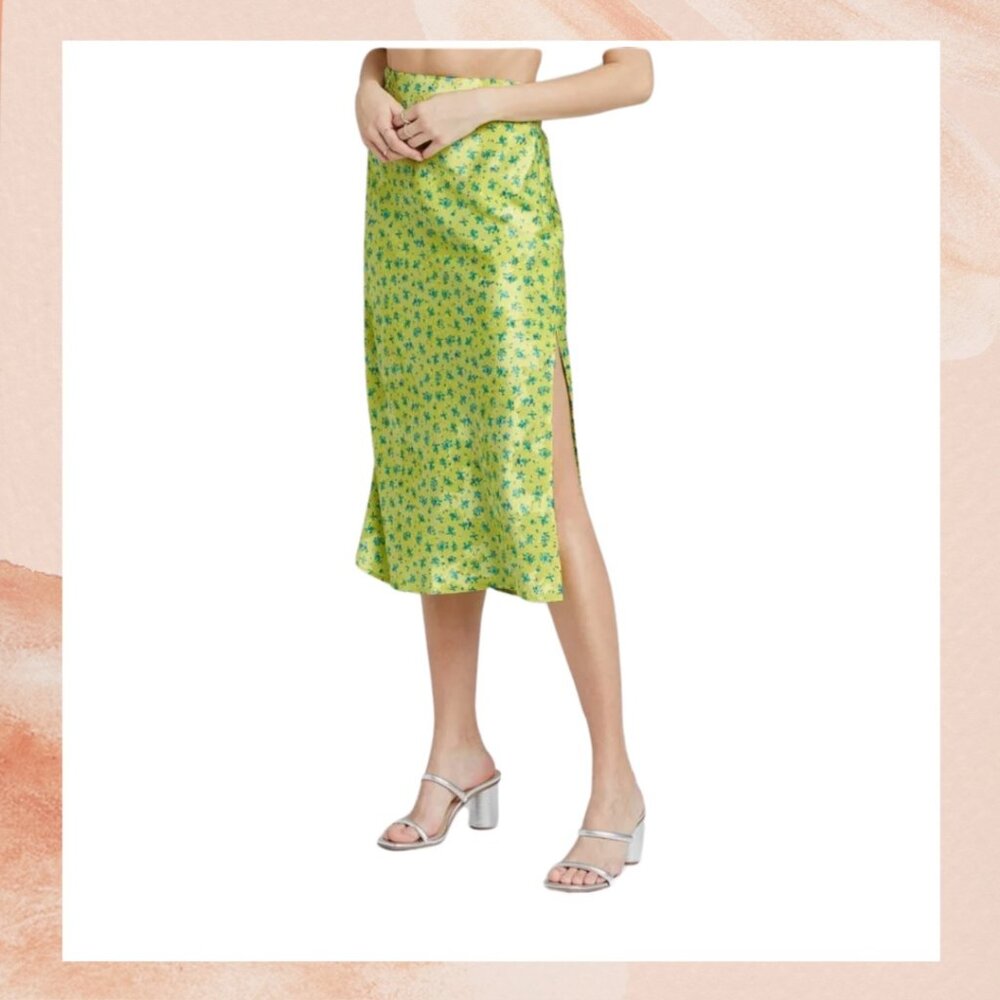 Lime Green Satin Floral Midi Slip Skirt